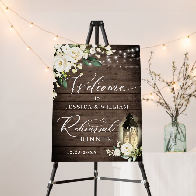 White Roses Lantern Rustic Wood Rehearsal Dinner Foam Board (In Situ (Stand))