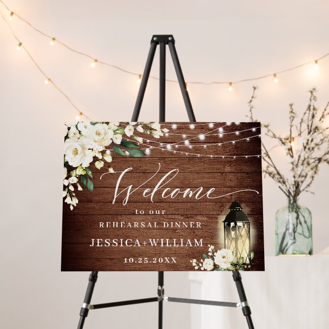 White Roses Lantern Rustic Wood REHEARSAL DINNER Foam Board (In Situ (Stand))