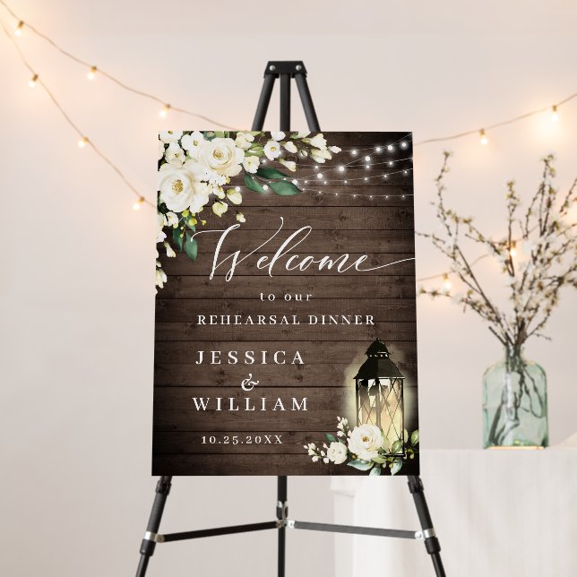 White Roses Lantern Rustic Wood Rehearsal Dinner Foam Board (In Situ (Stand))