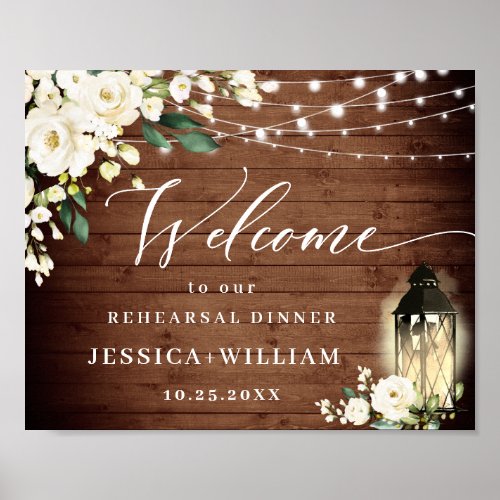 White Roses Lantern Rustic Wood Rehearsal Dinner Poster