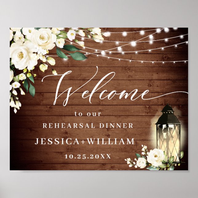 White Roses Lantern Rustic Wood Rehearsal Dinner Poster (Front)