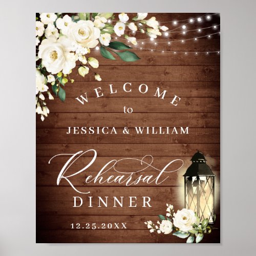 White Roses Lantern Rustic Wood Rehearsal Dinner Poster