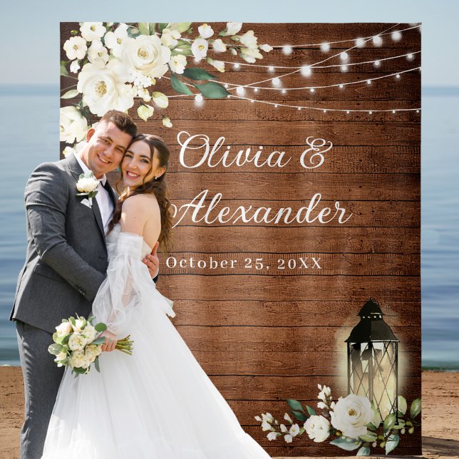 White Roses Lantern Rustic Wood Wedding Backdrop (Creator Uploaded)