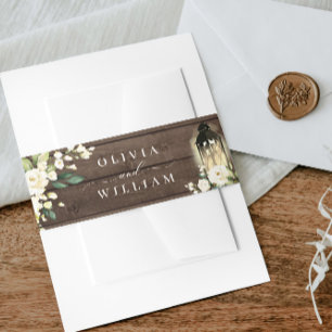 White Roses Lantern Rustic Wood Wedding Invitation Belly Band