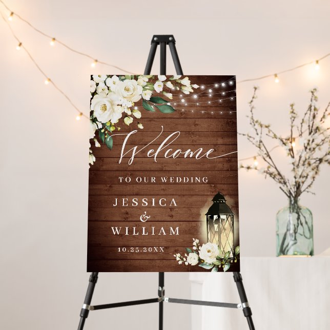 White Roses Lantern Rustic Wood Welcome Wedding Foam Board (In Situ (Stand))