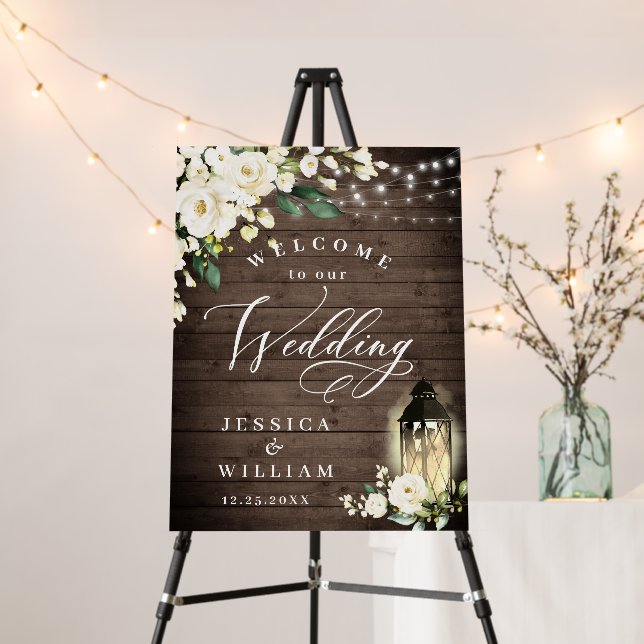 White Roses Lantern Rustic Wood Welcome Wedding Foam Board (In Situ (Stand))