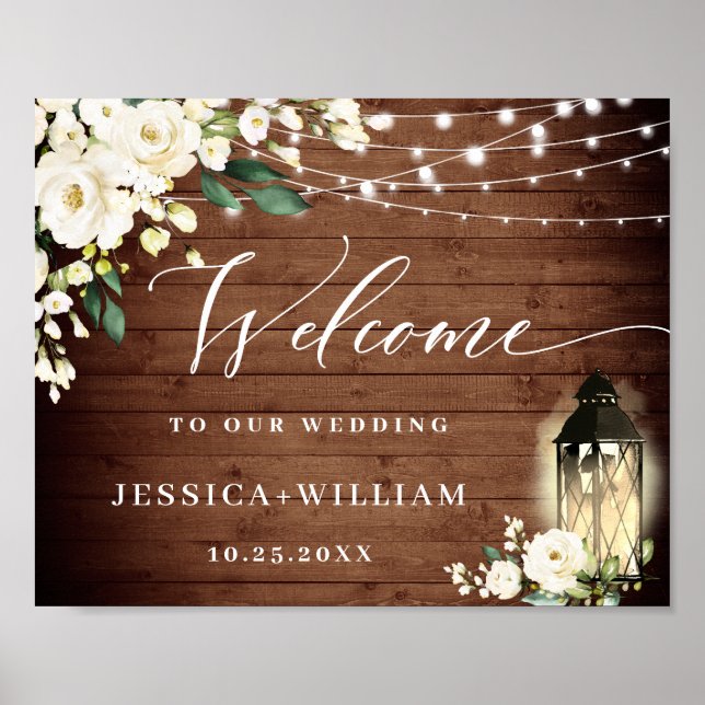 White Roses Lantern Rustic Wood Welcome Wedding Poster (Front)