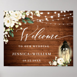 White Roses Lantern Rustic Wood Welcome Wedding Poster