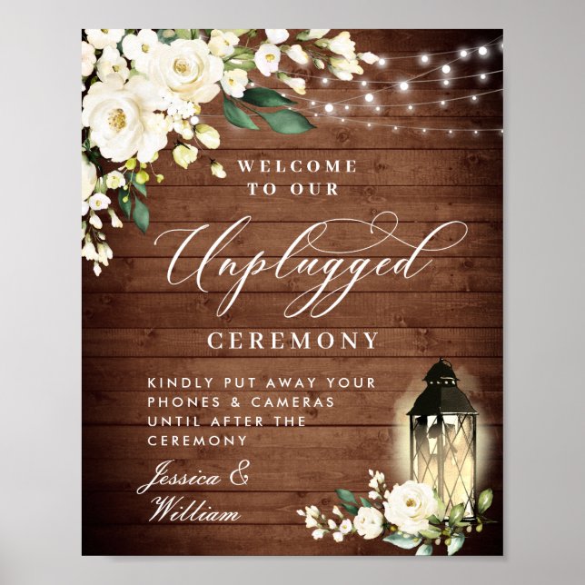 White Roses Lantern Unplugged Wedding Ceremony Poster (Front)