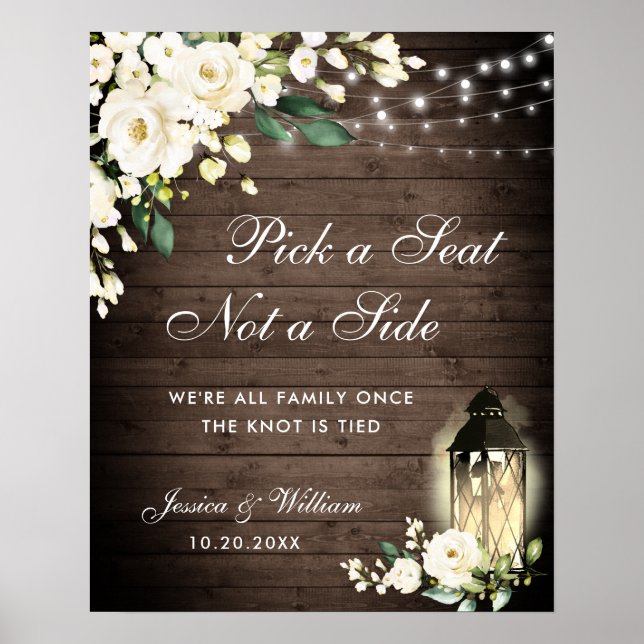 White Roses Lantern Wedding Ceremony Seating Poster (Front)