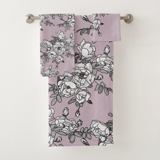 white roses lavender background bath towel set (Insitu)