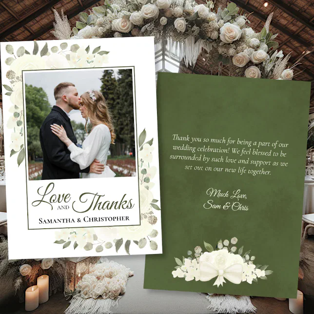 White Roses Love & Thanks Wedding Photo & Note Thank You Card | Zazzle