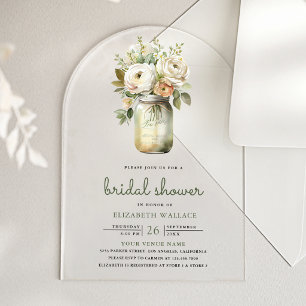 White Roses Mason Jar Bridal Shower Acrylic Invitations
