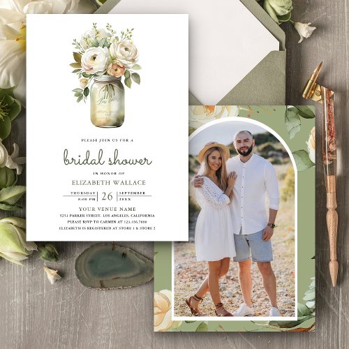 White Roses  Mason Jar Photo Bridal Shower Invitation