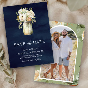 White Roses Mason Jar Photo Navy Blue Wedding Save The Date