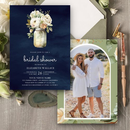 White Roses  Mason Jar Photo Navy Bridal Shower Invitation