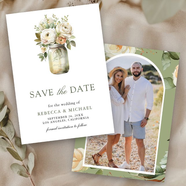 White Roses Mason Jar Photo Wedding Save The Date (Creator Uploaded)