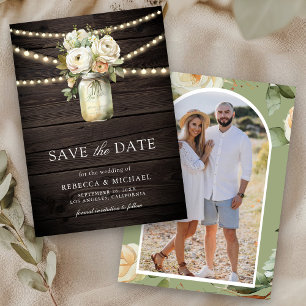 White Roses Mason Jar Photo Wood Wedding Save The Date