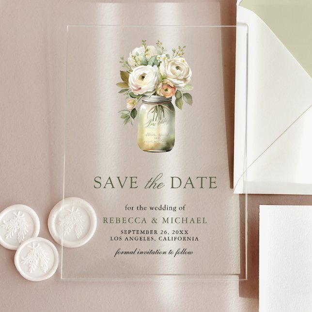 White Roses Mason Jar Wedding Save the Date (Creator Uploaded)