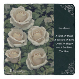 White Roses Menu Quote Rustic Green Vintage Stone Trivet