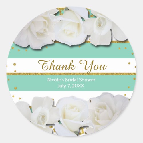 White Roses Mint Stripes  Gold Bridal Shower Classic Round Sticker