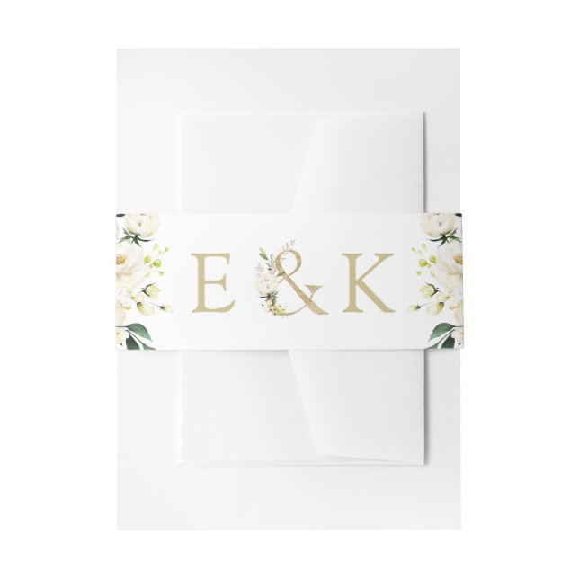White Roses Monogram Wedding Invitation Belly Band (Front Example)