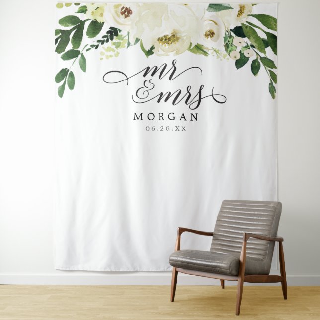 White Roses Mr & Mrs Wedding Backdrop Banner (In Situ)