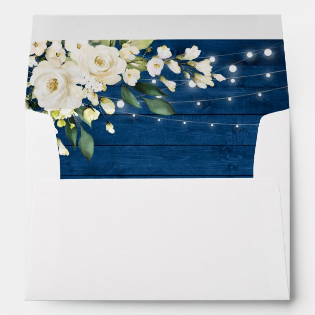 White Roses Navy Blue Wood Lantern for 5x7 card Envelope (Back (Bottom))