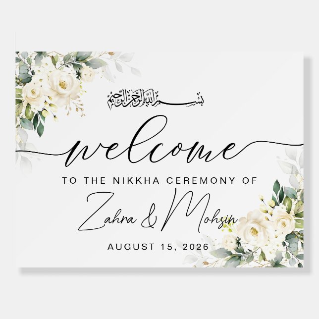 White roses Nikkah Wedding Welcome sign, Nikkah Foam Board (Front)