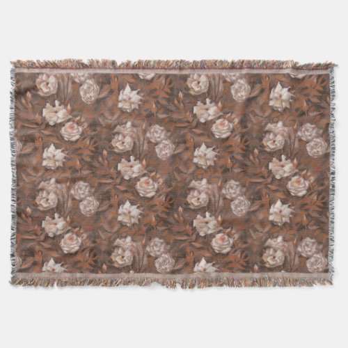 White roses nostalgic floral pattern earth colors throw blanket