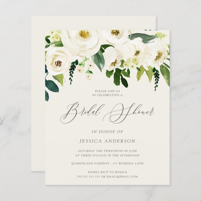 White Roses On a Budget Bridal Shower Invitation (Front/Back)