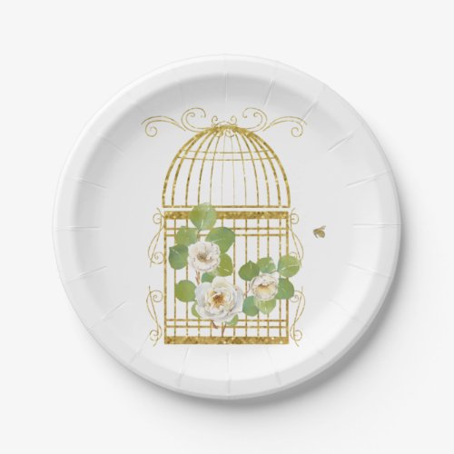 White Roses on a Gold Birdcage Paper Plate