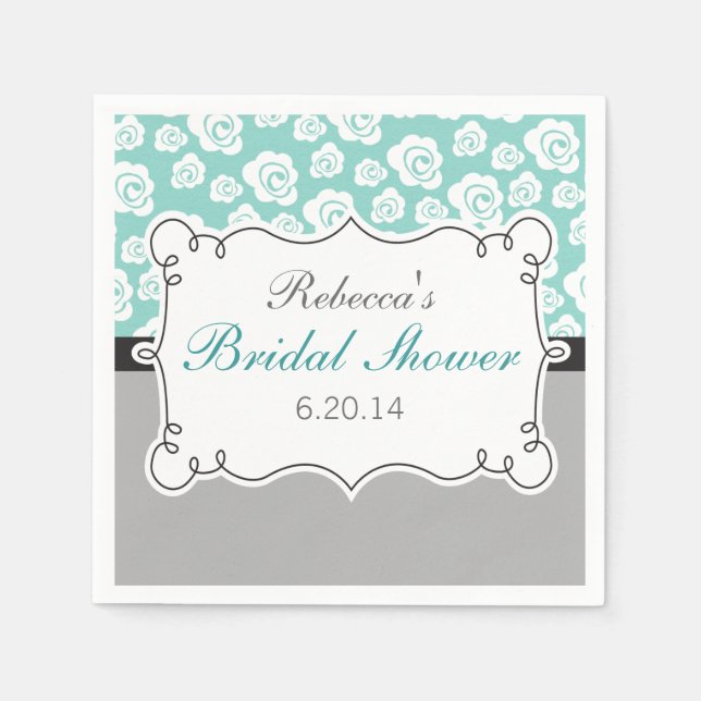 White Roses on Aqua & Gray Bridal Shower Paper Napkins (Front)