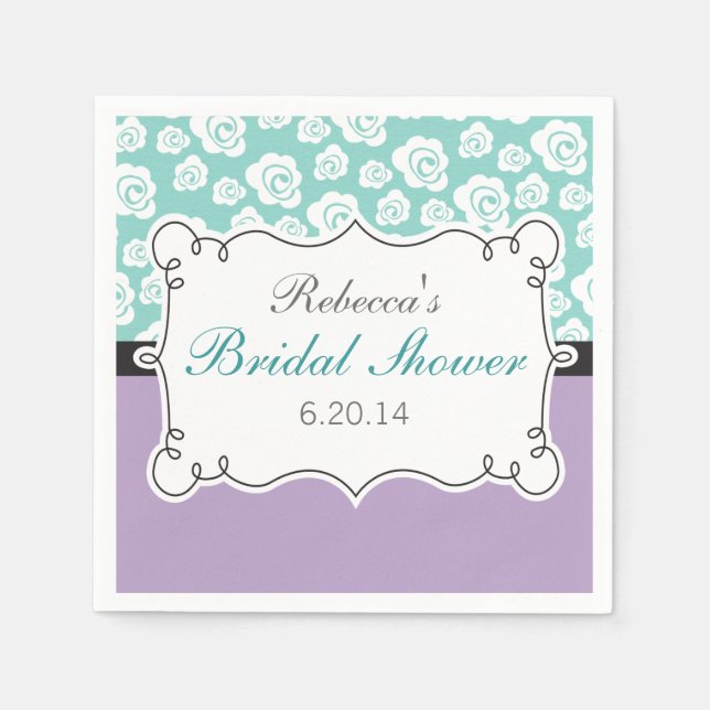White Roses on Aqua & Purple Bridal Shower Napkins (Front)