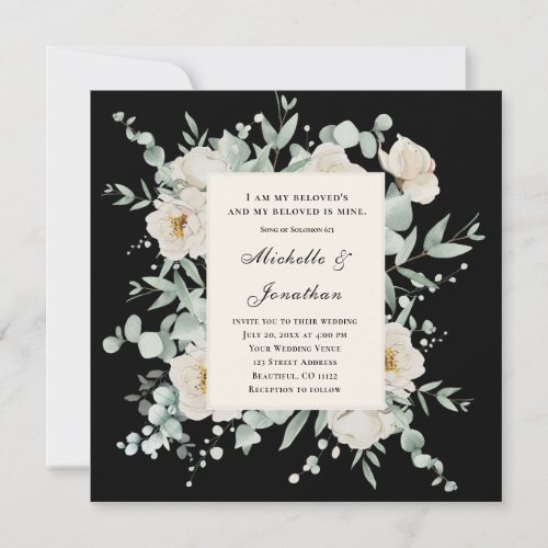 White Roses on Black Bible Verse Christian Wedding Invitation