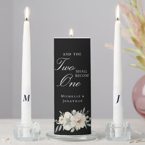 White Roses on Black Christian Bible Verse Wedding Unity Candle Set