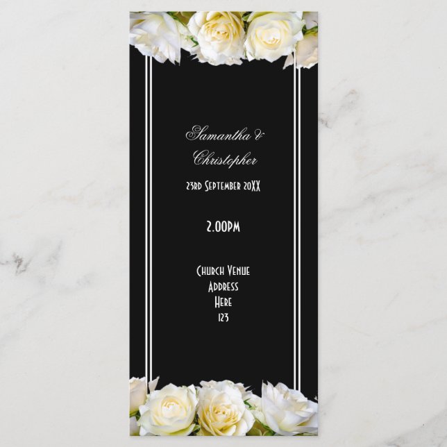 White roses on black church wedding program (Front)