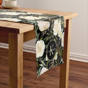 White Roses on Black Custom Name Monogram Short Table Runner