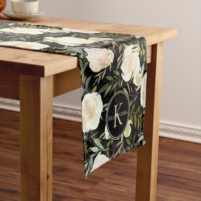 White Roses on Black Custom Name Monogram Short Table Runner (In Situ)