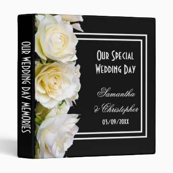 White Roses On Black Floral Bouquet Wedding 3 Ring Binder by personalized_wedding at Zazzle