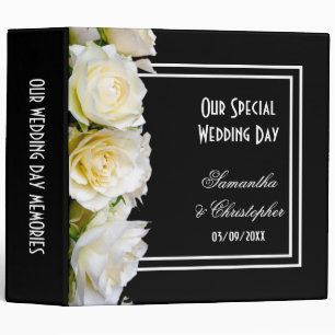 White roses on black floral bouquet wedding 3 ring binder