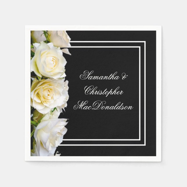 White roses on black floral wedding napkins (Front)