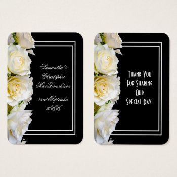 White Roses On Black Floral Wedding Thank You Tag by personalized_wedding at Zazzle