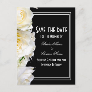 White roses on black wedding save the date announcement postcard