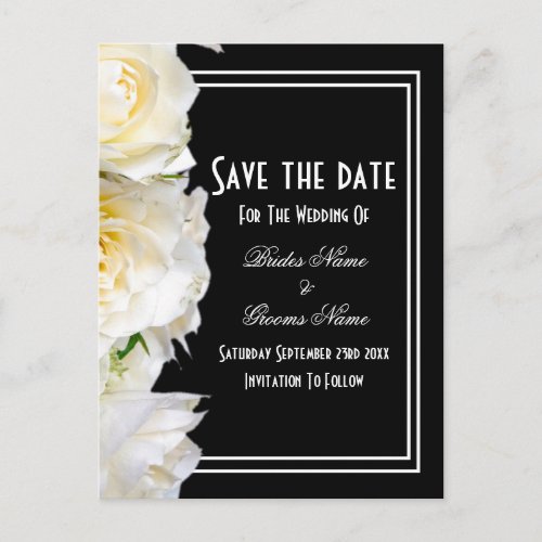 White roses on black wedding save the date announcement postcard
