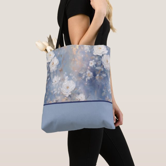 White Roses on Blue Background, Color Block Tote Bag (Close Up)