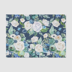 White Roses on blue Background Decoupage Tissue Paper