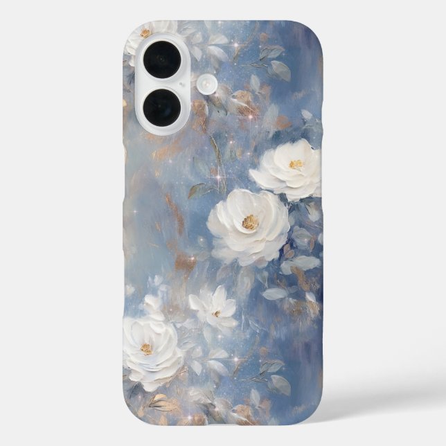 White Roses on Blue Background Oil Paint Style Case-Mate iPhone Case (Back)