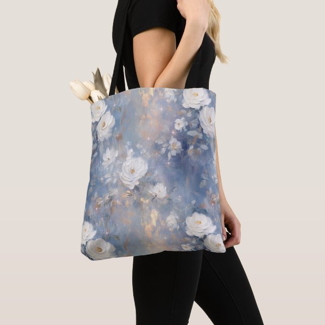White Roses on Blue Background Oil Paint Style Tote Bag (Close Up)