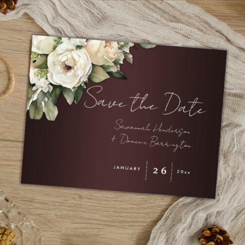 White Roses on Burgundy Boho Wedding Save the Date Announcement Postcard